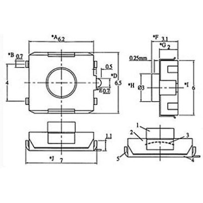 Mikrospínač SMD 6,5x6,1mm v=2,5mm